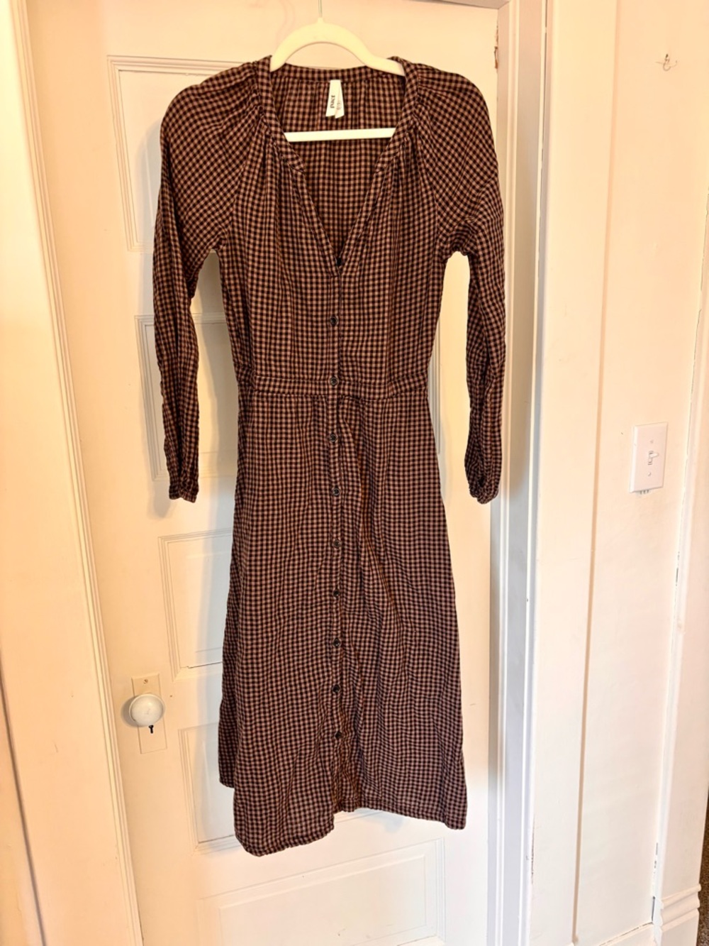 Pact Brown Gingham Long-Sleeve Button-Front Dress
